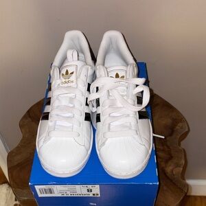 adidas superstar II White Sneakers with Blue Stripes and Gold (New no lid on box